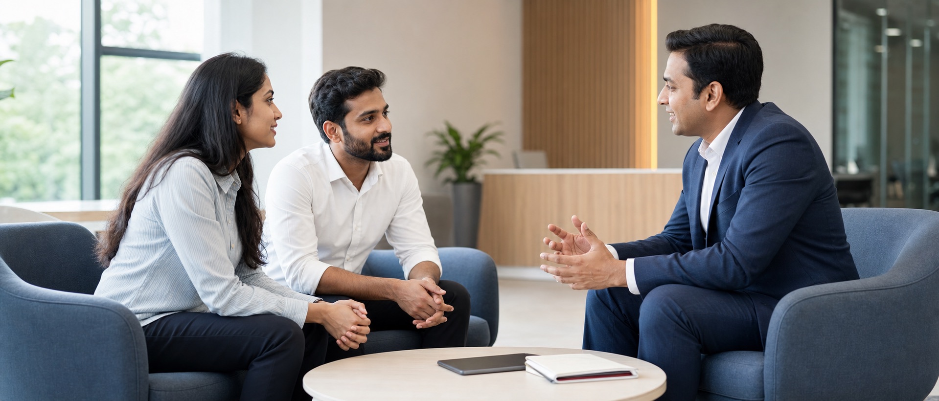 Learning advisor discussing training questions with two professionals